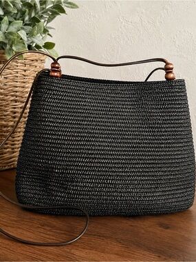 Black Woven Raffia Straw Crossbody Shoulder Bag Boho Coastal Vacation Purse